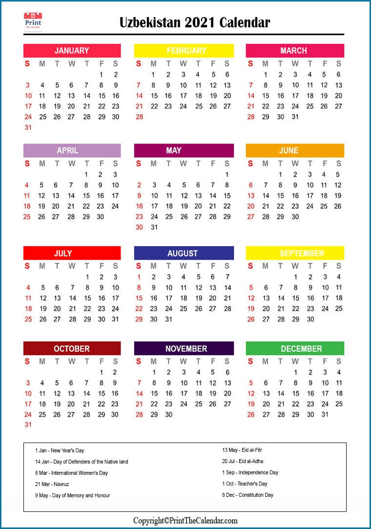 Uzbekistan Printable Calendar 2021
